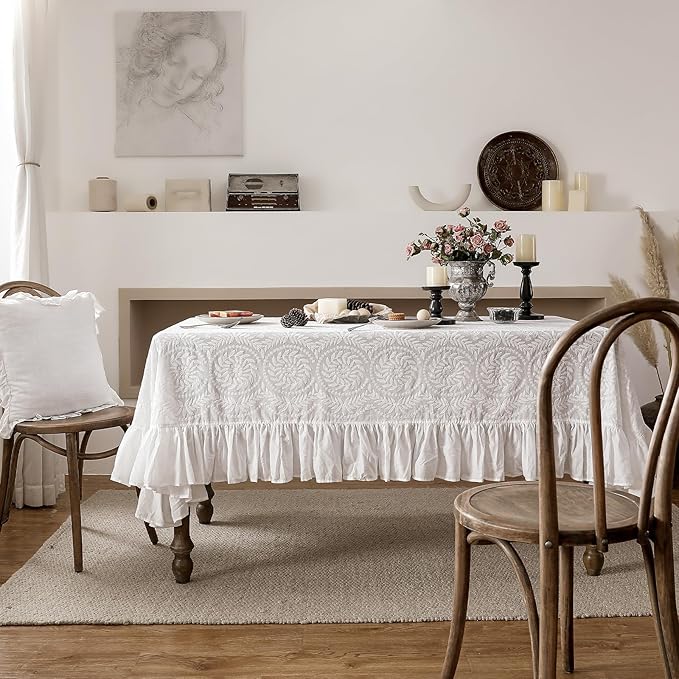 patdrea Vintage Ruffle Tablecloth for Square Tables,Farmhouse Embroidered Cotton White Lace Table Cloth Cover Decor for Dining Room Wedding Banquet Thanksgiving Christmas,59"*59"