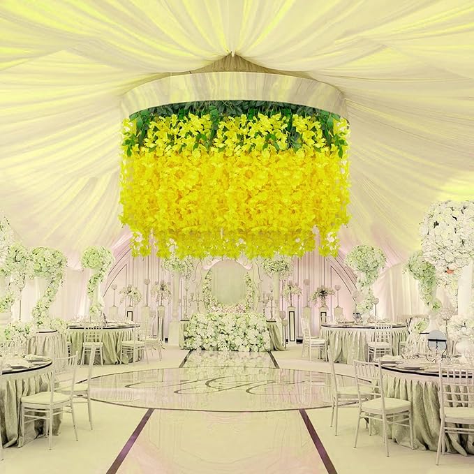 36 Pack Yellow Wisteria Hanging Flowers, 3.44 Ft Fake Hanging Flowers, Artificial Wisteria Garland Vines for Wedding Room Backdrop Outdoor Patio Garden Decoration