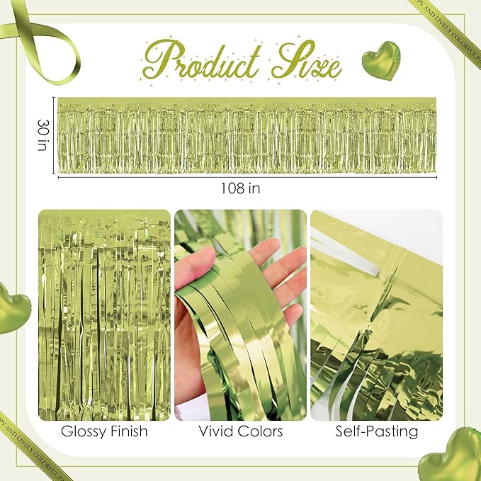 2 Pack Lime Green Table Skirts, 29x108" Metallic Foil Tinsel Fringe Table Skirt for Rectangle Tables Streamer Curtains Backdrop, Party Decorations for Birthdays, Weddings, Holidays