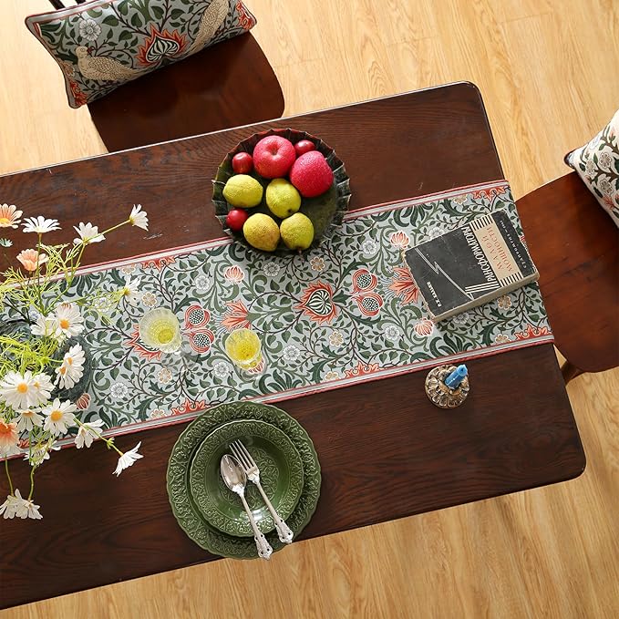 ISAENNE Designer French Green Elegant Linen Table Runner 102 Inches Long,Colorful Flower Pattern Soft Table Runners for Dining Tables,Thanksgiving,Kitchen Tables,Christmas,12"*102"-Naples B