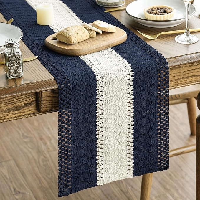 Artoid Mode Dark Blue Farmhouse Rustic Table Runner, Seasonal Hollow Kitchen Dining Table Decoration for Home Party Decor 12x48 Inch