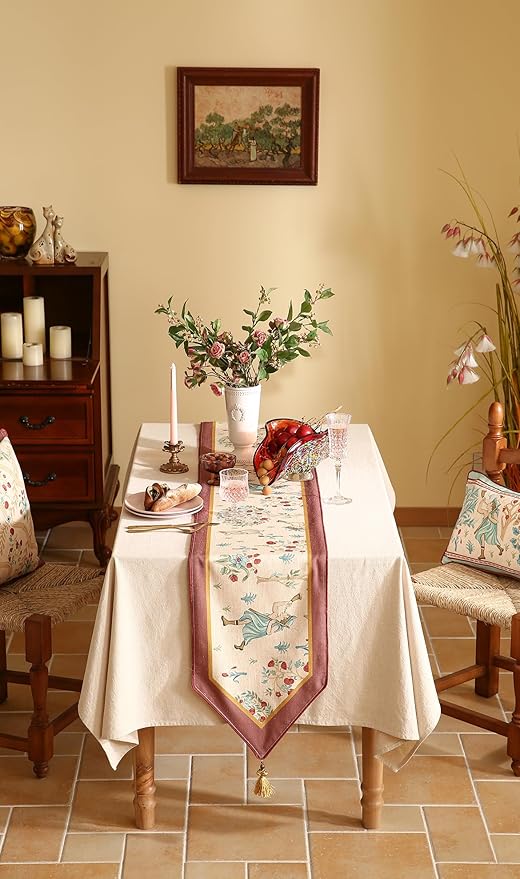 patdrea Designer Idyll Linen Table Runner, Vintage Beige Farmhouse with Ancient Spring Figure and Fruit Trees Pattern Table Mat, Decoration for Kitchen Dining Banquet Christmas ,12"*71"