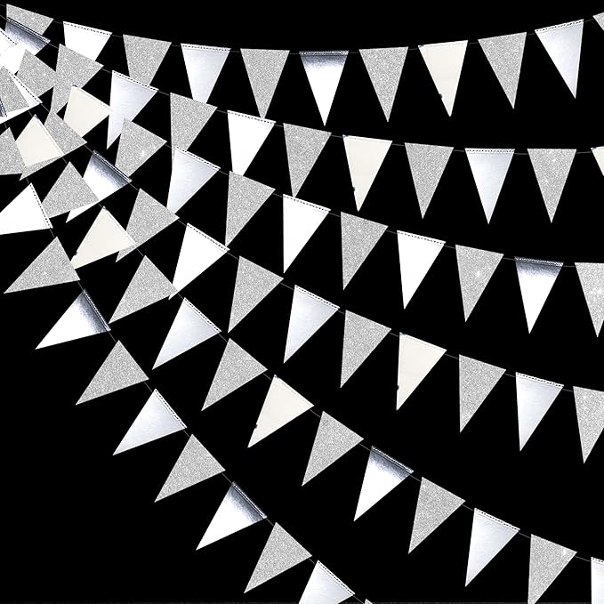 30 Ft Silver Party Decorations Glitter Metallic Paper Triangle Banner Flag Garland Pennant Bunting for Graduation Wedding Engagement Anniversary Bachelorette Birthday Baby Bridal Shower Party Supplies