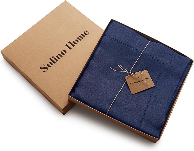 Solino Home Linen Tablecloth 60 x 108 Inch - Classic Hemstitch 100% Pure Linen Navy Blue Table Cloth for Rectangle Tables - Machine Washable Tablecloth for Fall, Thanksgiving, Christmas, Holiday