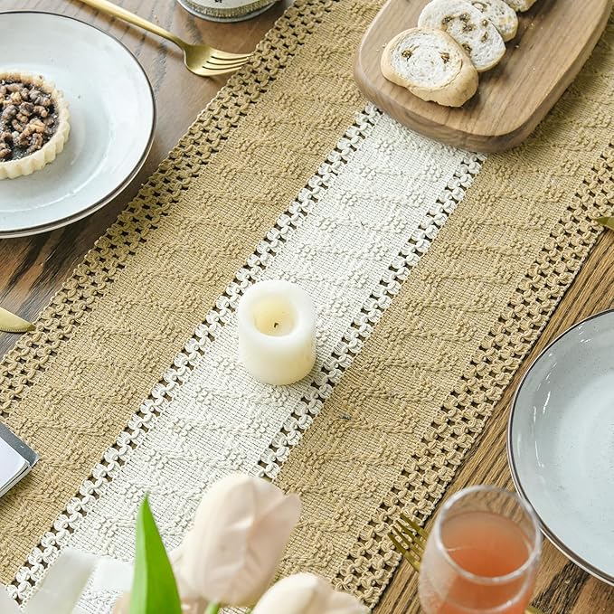 Artoid Mode Burlap Brown Farmhouse Rustic Table Runner, Seasonal Hollow Kitchen Dining Table Decoration for Home Party Decor 12x36 Inch