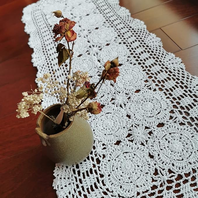 Phantomon Lace Table Runner Rectangular Table Cover Cloth Handmade Crochet Floral Placemats 100% Cotton (Floral White, 15x39Inch)