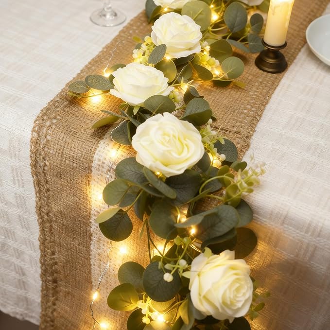 2 Pack 5.9 FT Artificial Flower Garland with Lights, Fake Floral Garland with 12 White Roses, White Flower Decorations for Arch Table Centerpieces Backdrop Party Home Wedding Decorations
