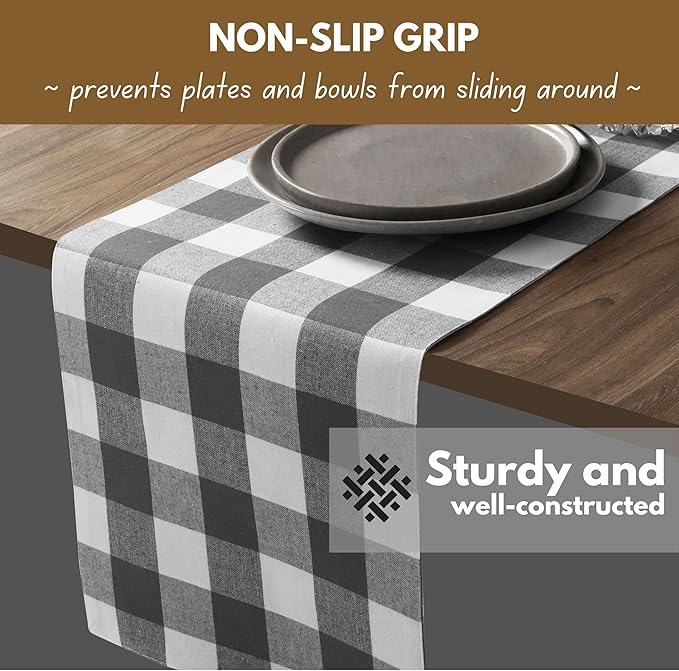 Native Fab Table Runner Buffalo Check Plaid 100% Cotton - 13x90 Inches Kitchen Dining Table Decoration for Indoor Outdoor Farmhouse Home Party Decor - Grey and White