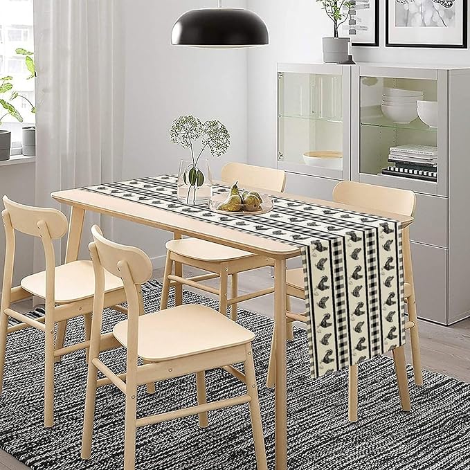 Rooster Table Runner,Farmhouse Animal Vintage Chicken Black White Plaid Check Tablecloth Burlap for Hotel Indoors Outdoor Dining Room Kitchen Home Decor,W13X L70 in