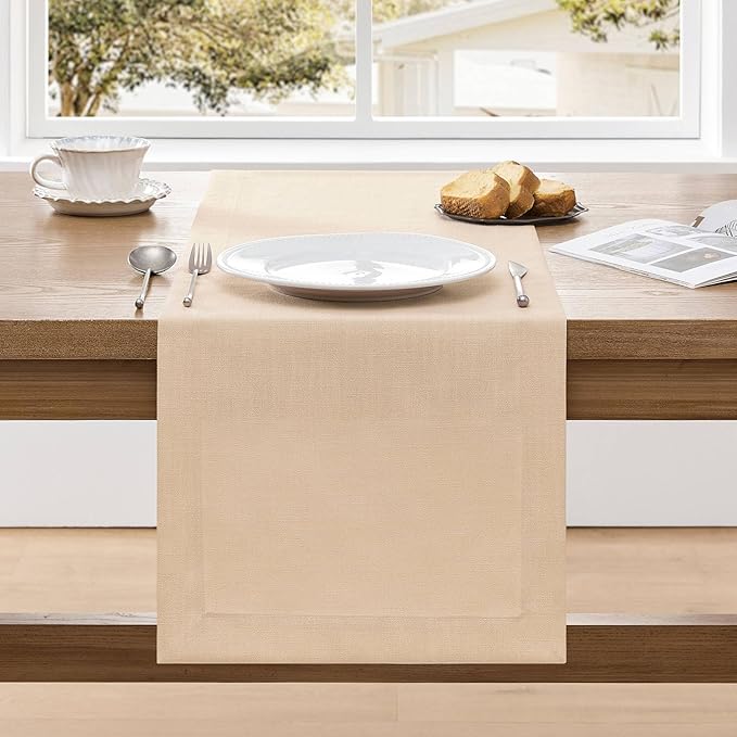 ZeeMart Linen Textured Border Table Runner, 14 x 36 Inch Oatmeal, Farmhouse Style Beige Table Runners 36 Inches Long, Easy Care Everyday Polyester Table Runner