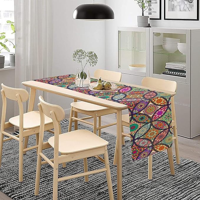 Boho Floral Table Runner,Colorful Flower Retro Bohemian Table Cloth Kitchen Dining Table Home Party Decoration 13x60 Inch