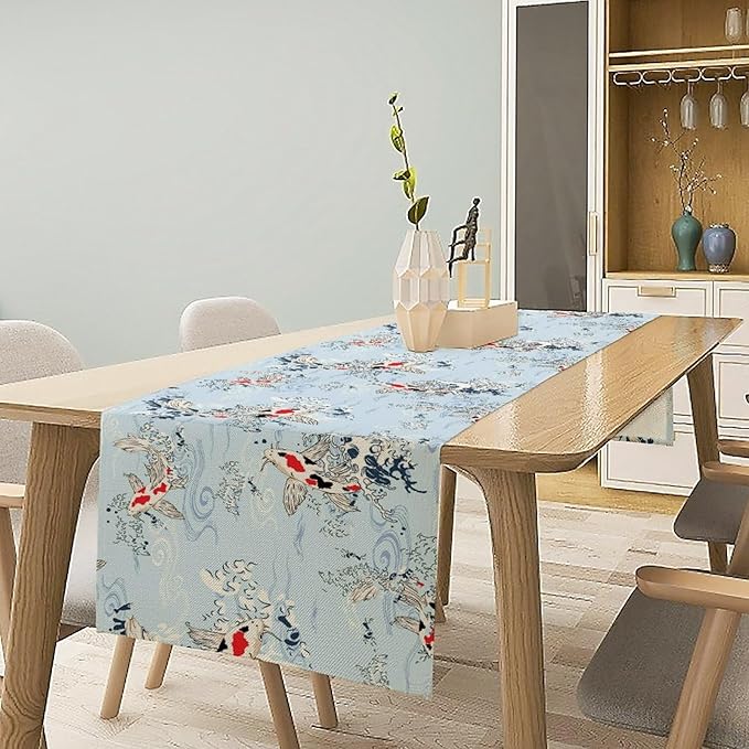 Kio Fish Table Runner Waves Retro Japanese Tradition Art Printed Burlap Runner Home Kitchen Dining Table Living Room Decor Fabric 1 Panel W13xL120in