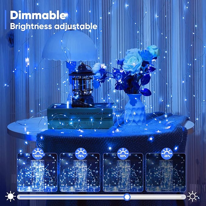 4 Pack 16.4 Ft. Battery Operated Outdoor String Lights with Remote & Timer, LED Blue Fairy Lights, Waterproof Twinkle Lights for Bedroom, Dorm, Mason Jar, Wedding, Party, Christmas