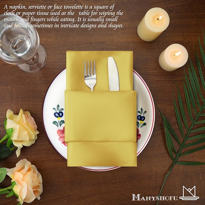 Manyshofu 60 Pieces Yellow Gold Satin Napkins - 20x20 Inches Cloth Napkins, Square Satin Fabric Napkin Set - Soft & Reusable Table Napkins for Wedding Dinner Party Lunch Banquet Restaurant Decoration