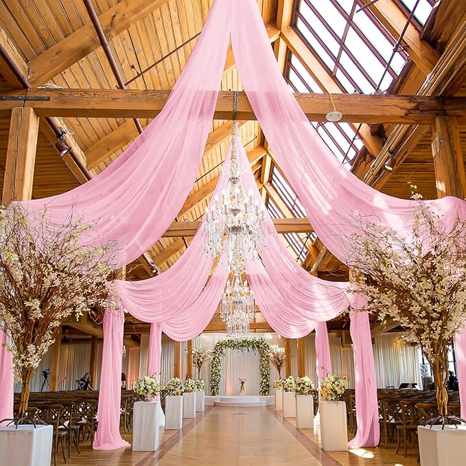 6 Panels Pink Ceiling Drapes for Wedding, 5ftx40ft Ceiling Drapes Cheesecloth Sheer Fabric Curtain Wedding Arch Draping Fabric Romantic Ceilings Decorations for Weddings Party Ceremony Stage