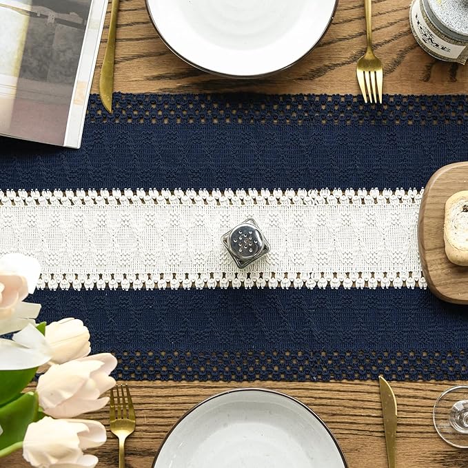 Artoid Mode Dark Blue Farmhouse Rustic Table Runner, Seasonal Hollow Kitchen Dining Table Decoration for Home Party Decor 12x90 Inch