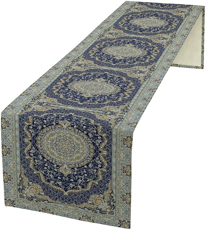 Boho Bohemia Style Blue Teal Table Runner, Country Rustic Farmhouse Magical Abstract Print Pattern for Home Kitchen Table Decor Dining Coffee Room Garden Party Decor 13x36in