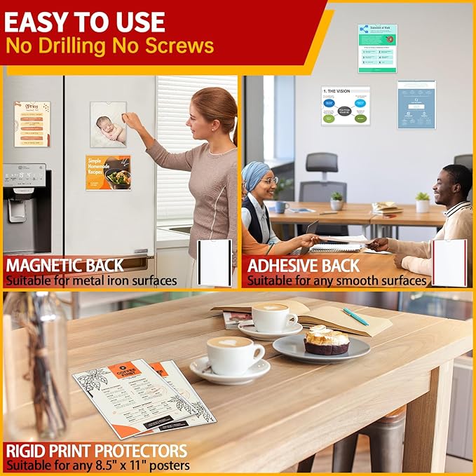 Magnetic Sign Holder 8.5 x 11 - Clear Plastic Frame for Refrigerator, Rigid Paper Holder for Picture Document, Adhesive Frames for Wall Window Door Sign 20 Pack