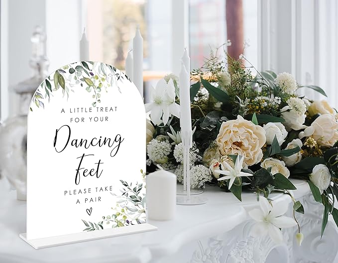 Greenery Dancing Feet Sign, 6 x 8 Inch White Arch Acrylic Wedding Sign with Holder, Wedding Sign for Ceremony and Reception, Wedding Decoration, Wedding Supplies - LY24