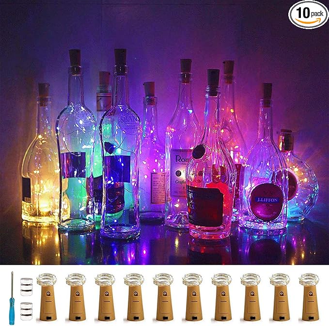 10 Pack Bottle Cork Lights 10 LED Wine Bottle Battery Powered Lights Copper Wire Fairy String Light for Christmas Halloween Wedding Birthday Party DIY Home Decor (10 Colors)