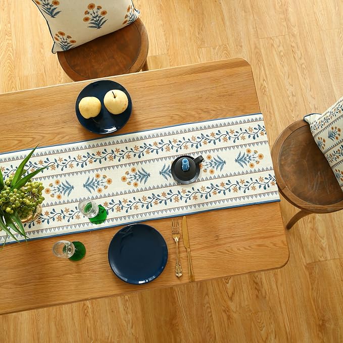ISAENNE Designer Pale Yellow Elegant Linen Table Runner 71 Inches Long,French Floral Pattern Elegant Table Runners for Dining Tables,Thanksgiving,Kitchen Tables,Christmas,12"*71"-Estevan A