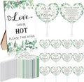 60Pcs Wedding Fan Gifts for Guests Greenery Handheld Fan with 1 Wedding Table Sign, Greenery Wedding Favors Thank You Fans for Guests Hostess Gifts Plastic Handheld Heart Shape Fan Green Leaf Pattern