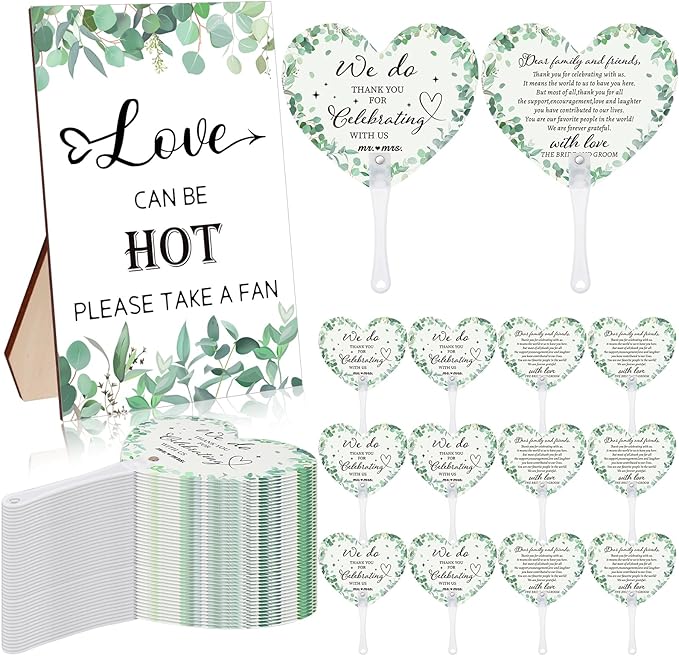 60Pcs Wedding Fan Gifts for Guests Greenery Handheld Fan with 1 Wedding Table Sign, Greenery Wedding Favors Thank You Fans for Guests Hostess Gifts Plastic Handheld Heart Shape Fan Green Leaf Pattern