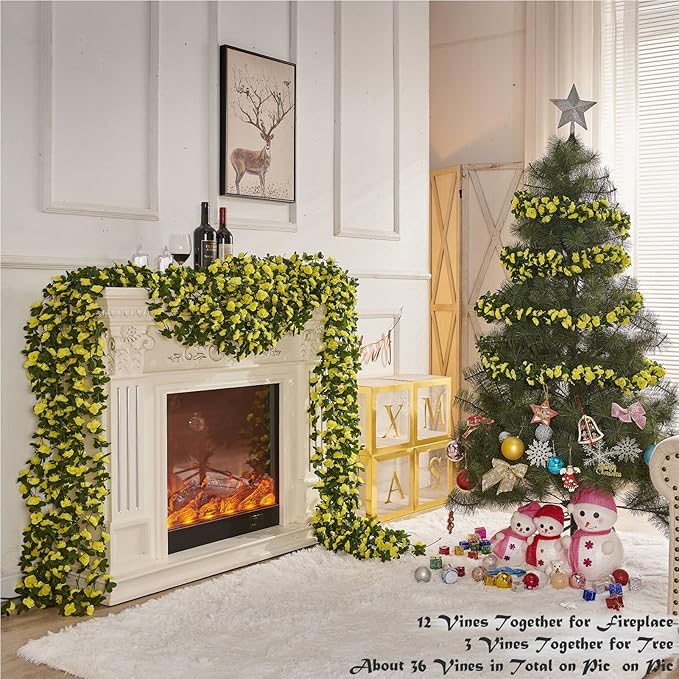 8 Pcs x 8.2 ft Flower Garland Artificial Rose Vine Flowers with Green Leaves Hanging Fake Roses Vine for Room Party Home Wedding Birthday Christmas Wall Arch Decor, Spring Yellow Flower