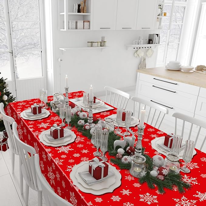 4.5x 100 Feet Roll of Christmas Plastic Tablecloth Decorations,Disposable White Snowflake Red Xmas Table Cover Photography Backdrop with Cutter Box for Winter Christmas Holiday New Year Party Supplies