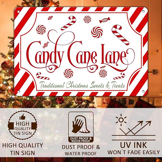 Christmas Candy Cane Lane Metal Tin Sign Traditional Christmas Sweets and Treats Winter Sign for Home Living Room Outdoor or Indoor Wall Decor Gift Christmas Candy Cane Lollipop 8x12Inch