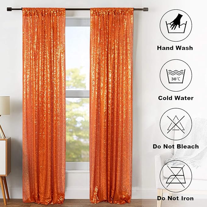 ShinyBeauty Orange Sequin Backdrop Curtains 2 Panels 2FTx8FT Orange Sparkly Sequin Photo Background Shimmer Backdrop Curtains for Party Glitter Curtains Halloween Backdrop Studio Backgrounds