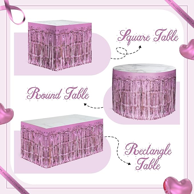 8 Pack Pink Table Skirts, 29x108" Metallic Foil Tinsel Fringe Table Skirts for Rectangle Tables Streamer Curtains Backdrop, Party Decorations for Birthdays Weddings Holidays
