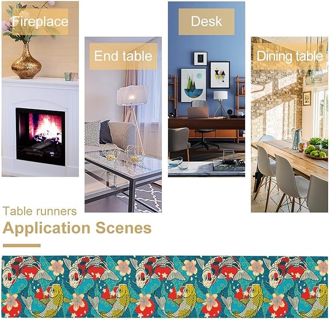 Japanese Kio Fish Table Runner Oriental Tradition Cherry Art Printed Burlap Runner Home Kitchen Dining Table Living Room Decor Fabric 1 Panel W13xL60in
