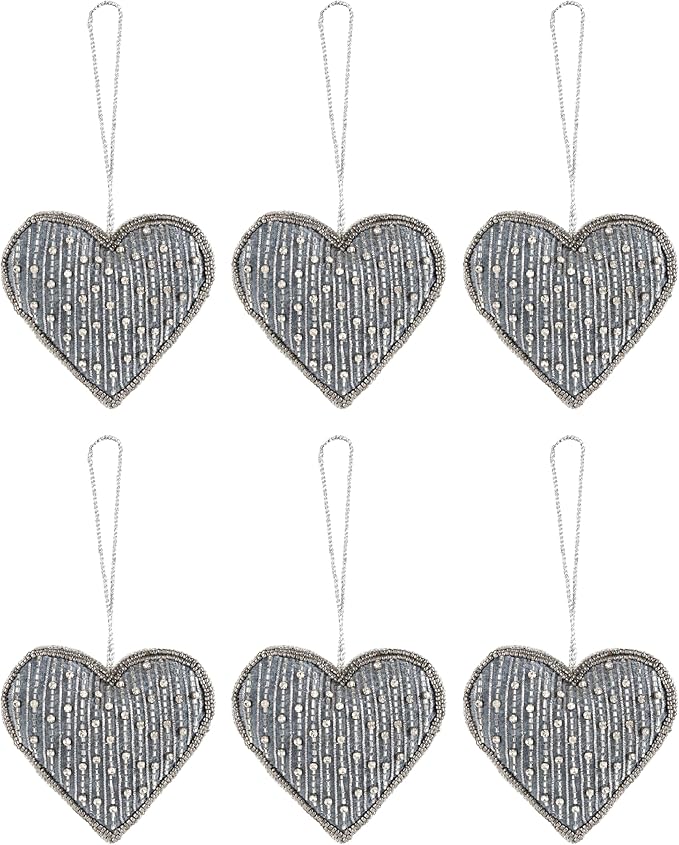 Set of 6 Beaded Heart Ornaments - Rustic Hanging Love Decorations, Farmhouse Wall Decor, Romantic Gifts for Her, Him, or Couples - Handmade Valentine’s Day & Mother’s Day Decor (Grey) - CLEENTABLE