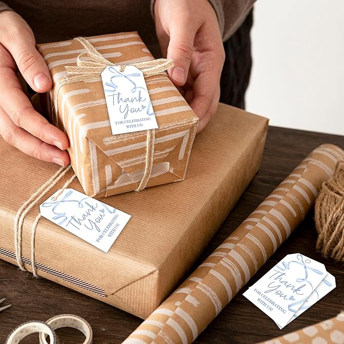 Thank You Gift Labels with String, 2x3.5 Inch Thank You for Celebrating with Us Tag, Blue Bow Print, Gift Tags for Birthday Party Baby Bridal Shower Wedding Favor-A14