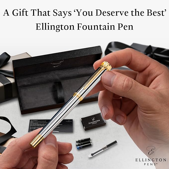 Ellington Pens Luxury Fountain Pen Set- Fountain Pens for Writing - Smooth Medium Nib - Includes Refillable Ink Converter, 3 Ink Cartridges [Black & Blue], Gift Box - Elegant Calligraphy