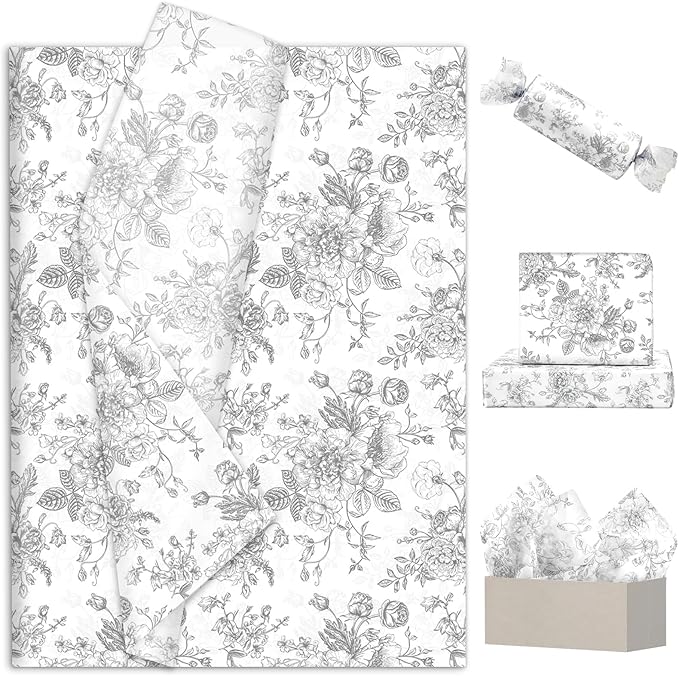 JarThenaAMCS 100 Sheets Floral Tissue Paper Silver Flower Gift Wrapping Paper Vintage Decorative Art Paper for Home Party DIY Crafts Supplies, 14 x 20 Inch