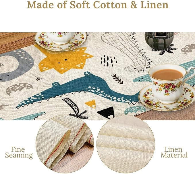 Cartoon Dinosaur Table Runner,Kids Boys Cute Various Dino Moutain Modern Abstract Print Tablecloth Burlap for Hotel Indoors Outdoor Dining Room Kitchen Holiday Party, 13x70in