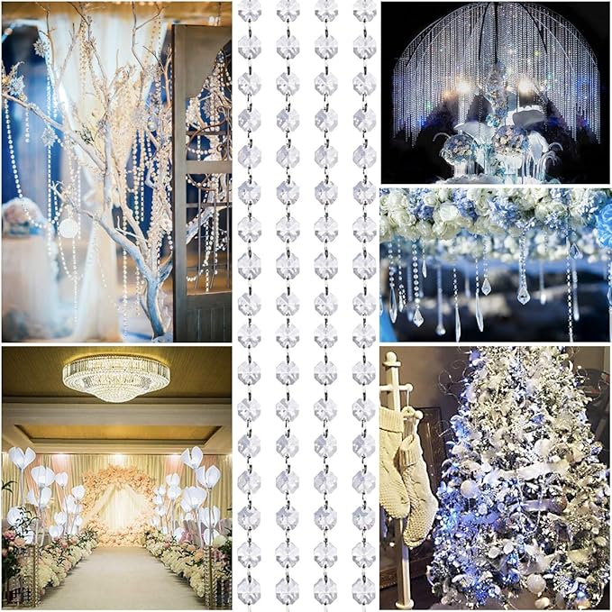 99ft Acrylic Crystal Garland Strands - Hanging Chandelier Gem Bead Chain - 14mm Clear Octagon Prism Diamond String Decorations for Wedding Party Manzanita Centerpiece Christmas Tree