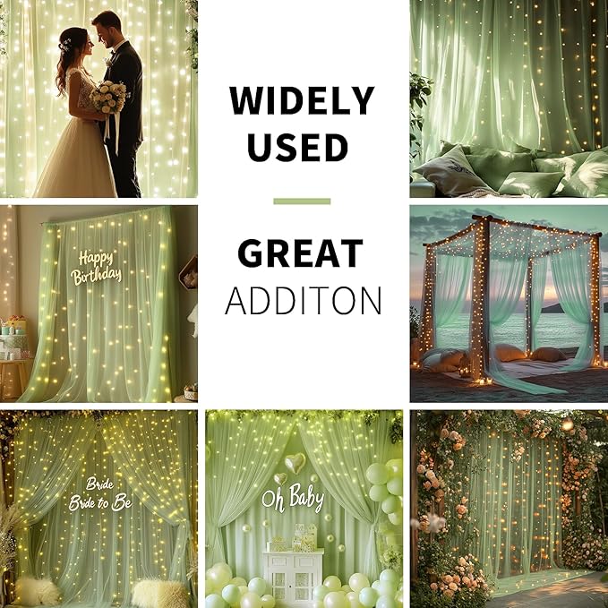 Sage Green Tulle Backdrop Curtain with Lights String - 10x8ft Sheer Backdrop with 250 LEDs for Wedding, Baby Shower, Bridal Shower, Birthday Party Photo Shoot Background and Home Decorations