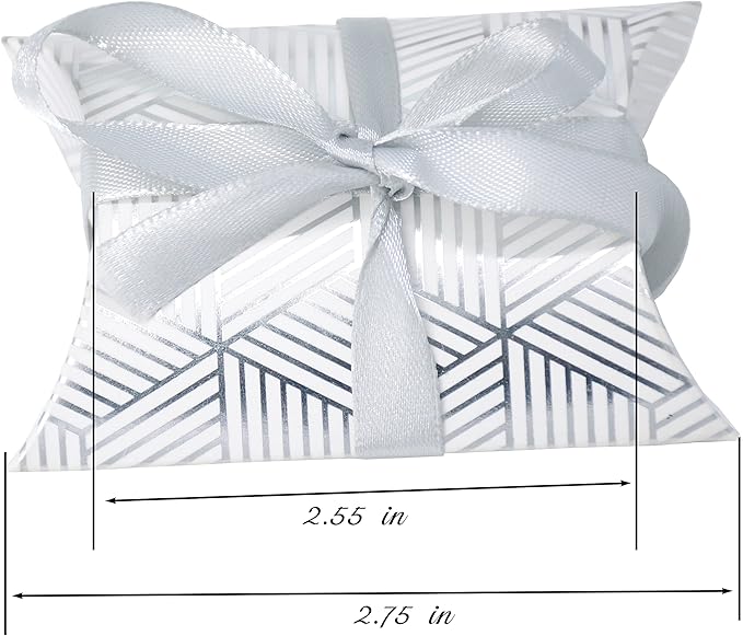 Aokbean 100 Pack Mini Pillow Candy Box Small Gift Boxes with 50 Yards Ribbon for Christmas Wedding Party Favor Gift, Jewelry or Soap Packaging (Silver Stripes)