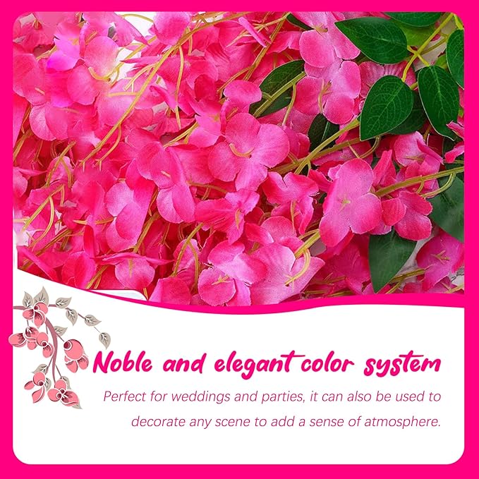 12 Pack Fuchsia Wisteria Hanging Flowers Garland, 3.77 Feet Artificial Flower Vines, Fake Wisteria, Artificial Vines Hanging Garland for Backdrop Outdoor Yard Garden Decor
