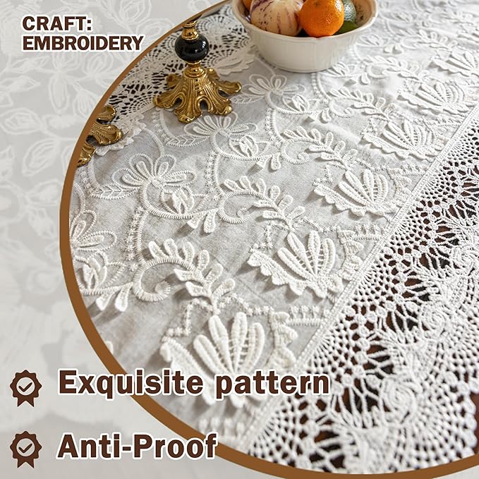 White Elegant Vintage Lace Table Runner,Wedding Lace Decor with Floral Embroidery,Tea Party Decor (White, 13.8X55 Inches)