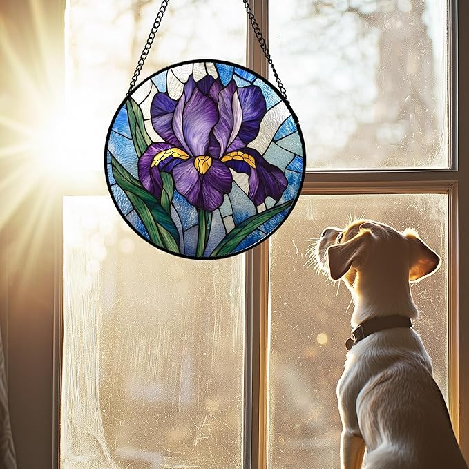 Stained Glass Window Hanging - Iris Birth Flower Suncatcher for Doors Garden Yard Purple Blue Sun Catchers Decor Christmas Mother's Day Birthday Gifts for Teacher Women Mom Nana 6.3 in