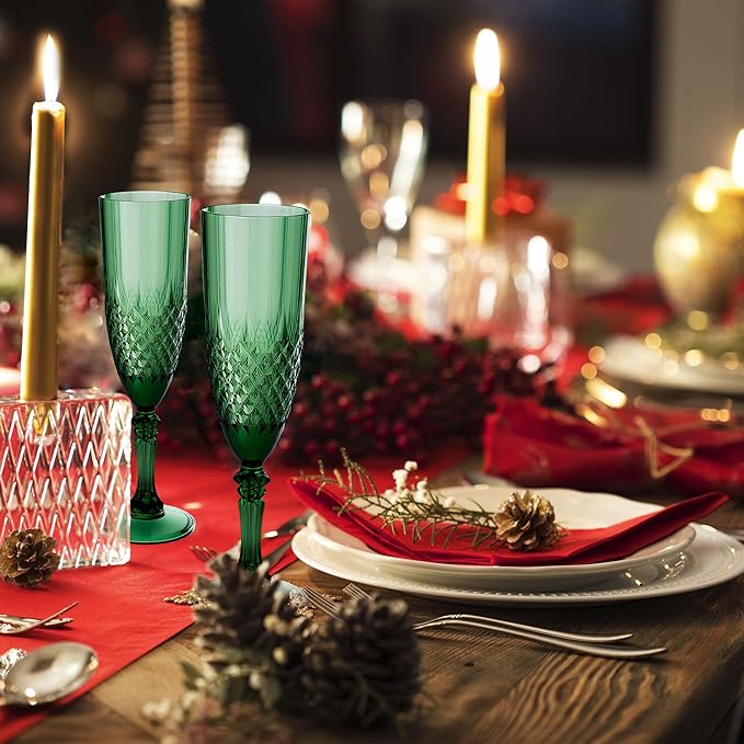 Plastic Champagne Flutes, 12PCS Dark Green Wine Glasses Goblets Cups Reusable Flute, for Christmas Weddings Bachelor Parties Toasting and Events(12, Dark Green)