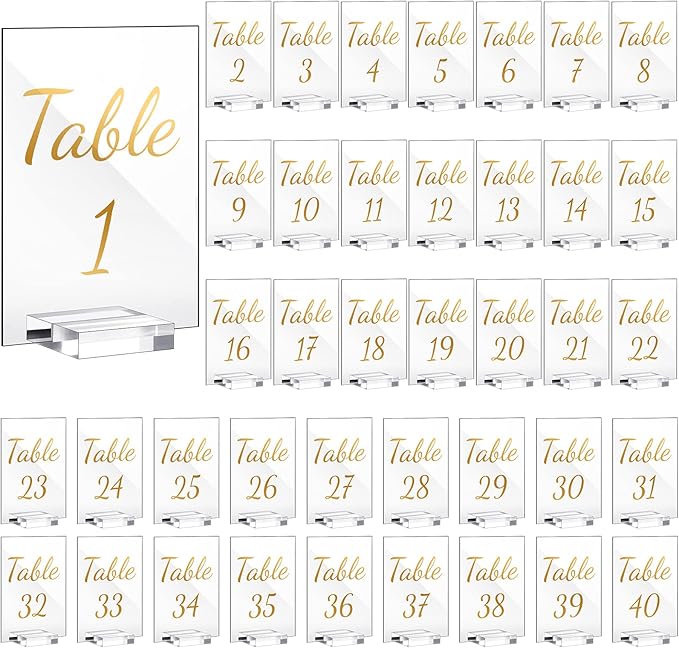 40 Pack Gold Acrylic Wedding Table Numbers 1-40 Clear Stand with Calligraphy Holders - 4 x 6 Inch Acrylic Table Signs for Wedding Reception Centerpieces