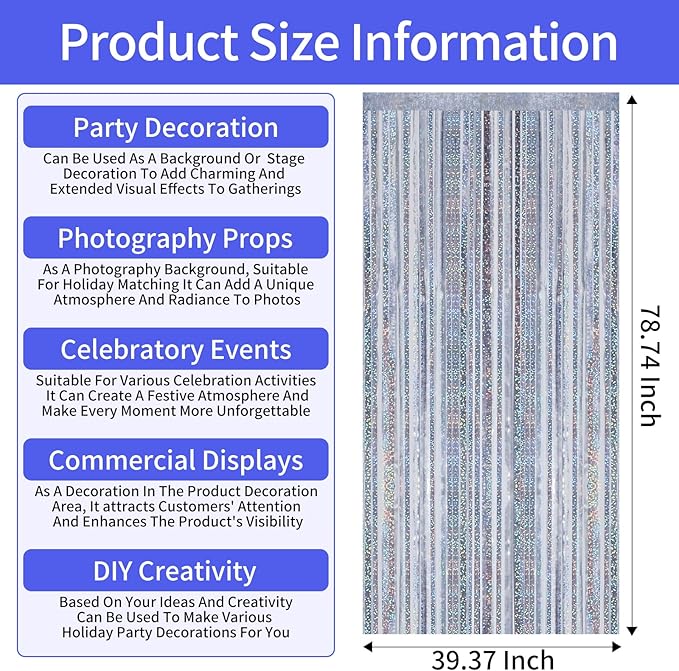 Picoway 4 Pack Foil Fringe Tinsel Backdrop Curtains, Birthday Engagement Bachelorette Party Decorations, Photo Booth Props Door Streamers Curtain (Silver)