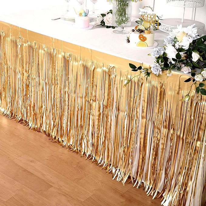 4 Pack 29x108 Inch Metallic Foil Fringe Tinsel Table Skirts for Rectangle Tables Streamer Curtains Backdrop for Christmas, Birthday, Parade Floats, Halloween Party Supplies(Champagne Gold)