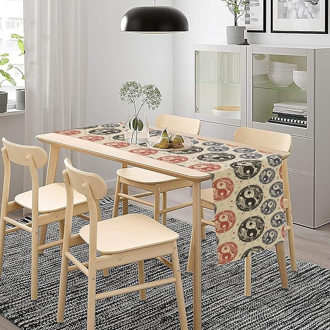 Yin Yang Table Runner, Vintage Mid Century Traditional Oriental Koi Fish Mystical Celestial Moon Stars Print Table Runner for Kitchen Dining Table Party Decor, 13x70inch