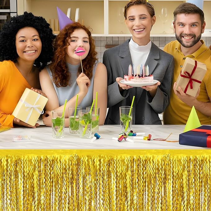 6 Pack 29x108 Inch Gold Wave Foil Fringe Table Skirts Metallic Banner for Tinsel Streamer Garland Backdrop for Parade Floats Wedding, Mother's Day, Birthday Mardi Gras Party Decorations